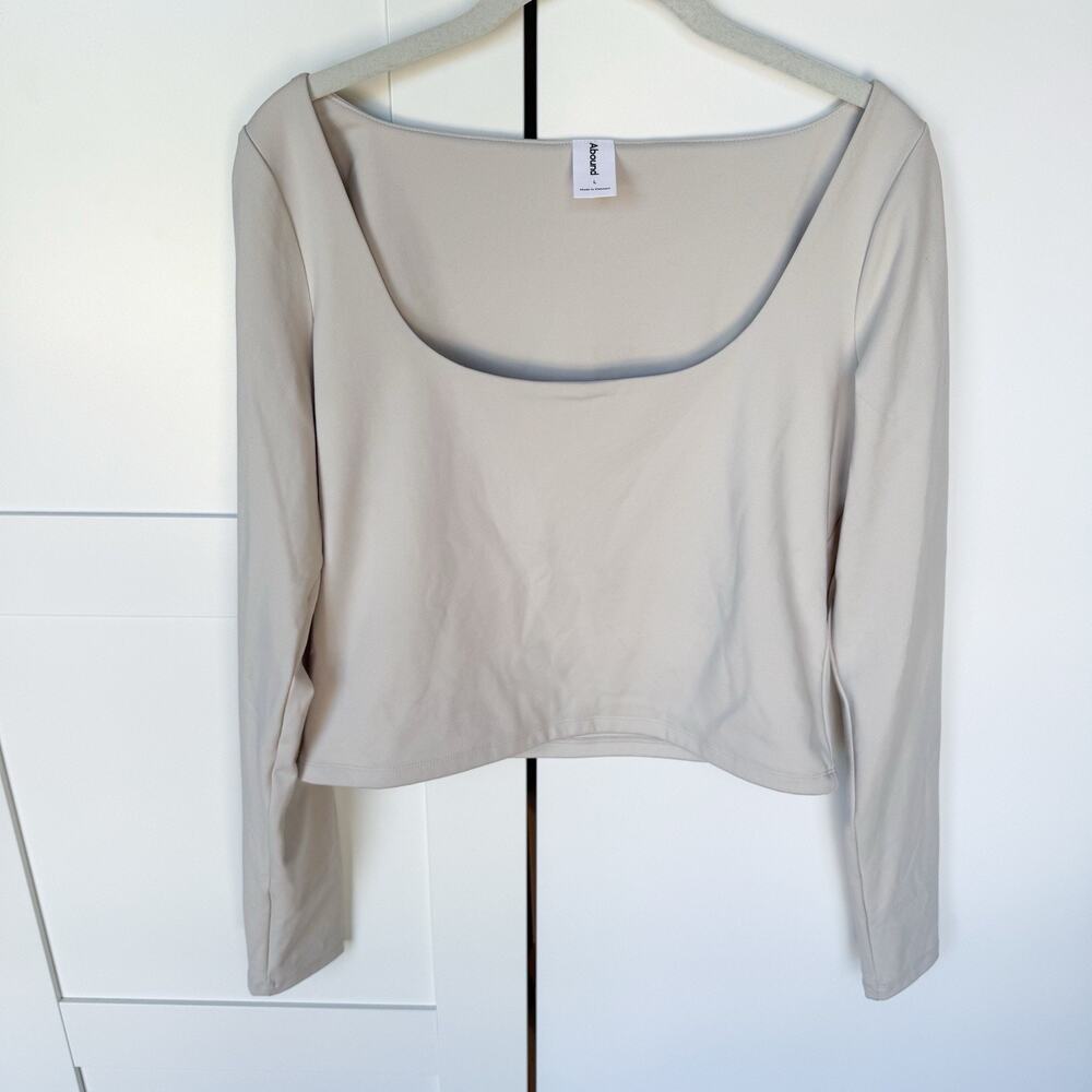 Abound Square Neck Long Sleeve Crop Top‎ LARGE Oatmeal Tan Minimalist Casual
